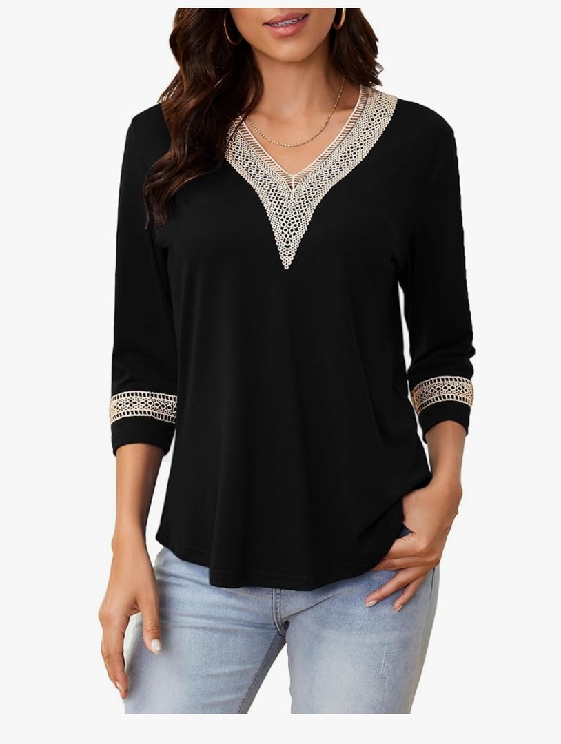 Womens Tops 3/4 Sleeve Shirts Casual Lace V Neck Blouses Loose Fit Dressy Basic T-Shirt, Size Small, Black 