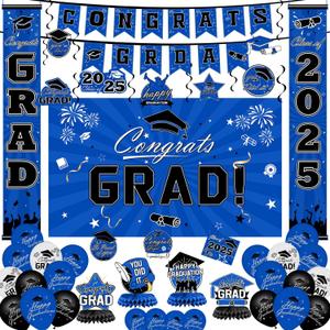 Graduation Decorations 2025 Set - Blue Themed Congrats Grad Banner, Backdrop, Hanging Swirls, Porch Sign, Balloons - Complete Party Supplies for High School, College Graduation Decorations