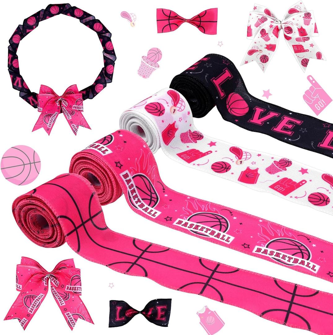 4 Rolls 20 Yards Basketball Ribbon Pink for Wrapping Gifts Packaging Wreath Bows DIY Craft Sports Ball Basketball Birthday Baby Shower Party Decoration for Team Spirit Party Decor Supply