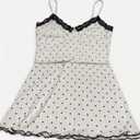 Women's White Nightdress with Black Heart Print, Lace Trim Cami Pajamas with Ruffled Hem M