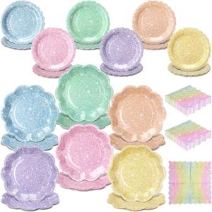 144 Pcs 48 Guests Pastel Glitter Party Plates and Napkins Pastel Scalloped Paper Plates Napkins Glitter Disposable Tableware for Birthday Bridal Baby Shower Wedding Decorations Party Supplies