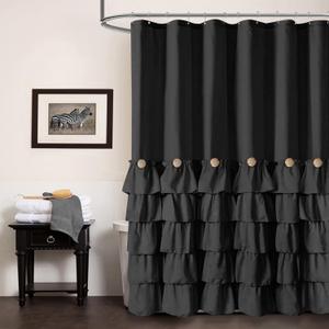 Seasonwood Black Ruffle Shower Curtain Farmhouse Style Black Fabric Shower Curtain Nature Button Shabby Chic Ruffles and French Country Style 7272