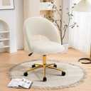 Furniliving Vanity Accent Chair, Modern Cute Round Desk Chairs with Wheels Adjustment Height Swivel Chair Upholstered Sherpa Gold Metal Base for Makeup Living Room Bedroom,White