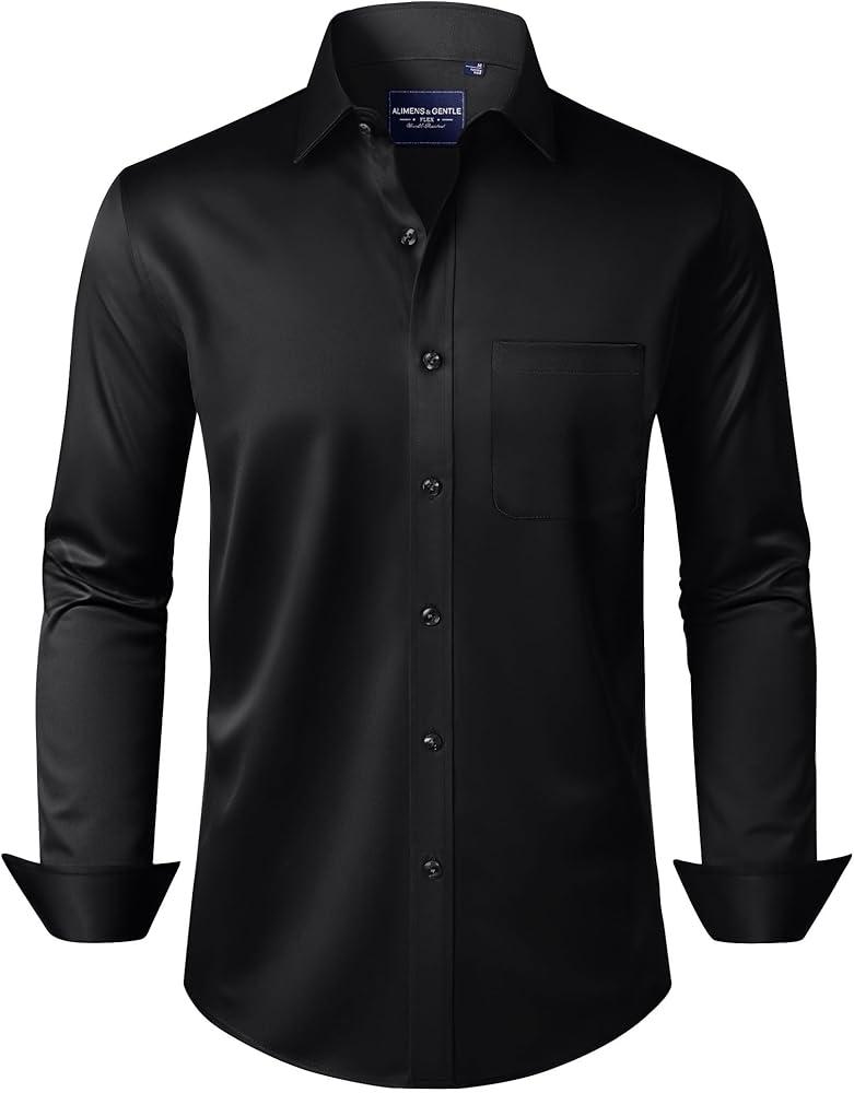 Alimens & Gentle Men's Dress Shirts Long Sleeve Wrinkle-Free Stretch Shirts Solid Formal Button Down Shirt with Pocket, L