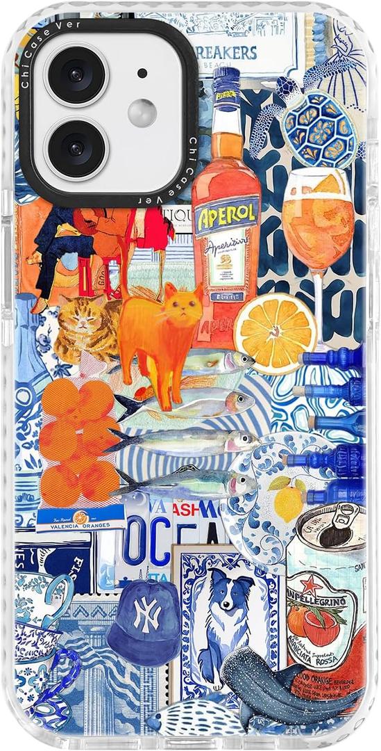 for iPhone 12 mini Case, Mediterranean Aperol Collage Pattern, Military-Grade Drop Protection, Playful Coastal Soft Slim TPU Protective Cover with Camera Protection for Women & Girls (BeachsidePub)