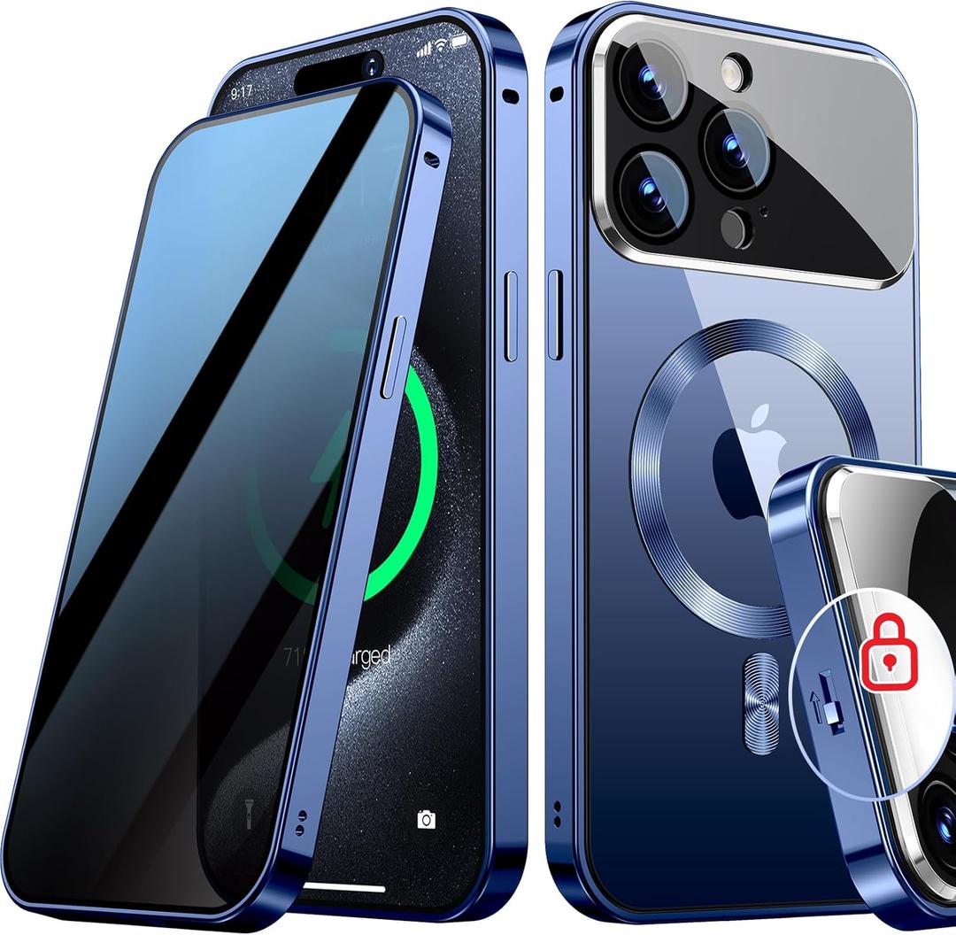 [Full Camera Protection& Mechanical Lock Magnetic Privacy Case for iPhone 15 Pro Max[Compatible with MagSafe] [CD Metal Ring] Full Body Metal Bumper, 9H Anti Peeping Glass Cover-Blue