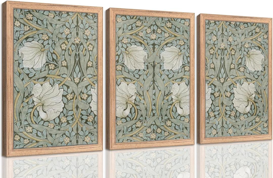 3Pcs Framed Abstract Floral Canvas Wall Art Vintge Green Flower Painting Picture Wall Decor Retro white Flowers Botanical Poster Print Artwork for Living room Bedroom Home Decoration, 24"L x 16"W