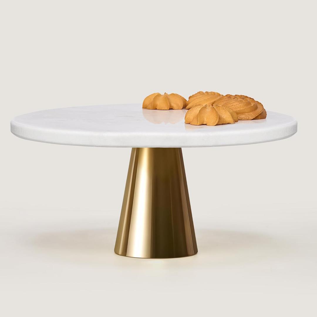 GENMOUS Marble Cake Stand, 10 Inch White Round Marble Cake Plate with Gold Stand, Cake Display Serving Tray for Dessert Cupcake, Wedding Birthday Kitchen Party Baking Gifts