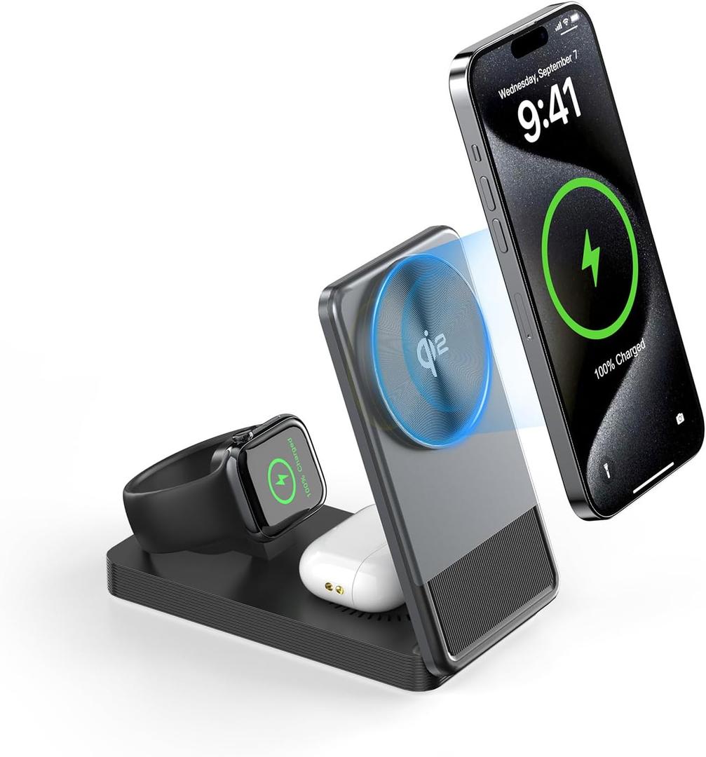 3 in 1 Wireless Charging Station,15W Fast Charger for iPhone 17/16/15/14/13/12 Series, Apple Watch, AirPods Portable Travel Dock for Apple Devices