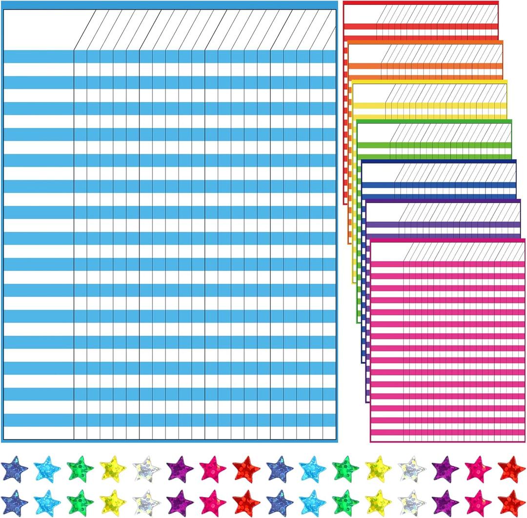 8 Pack Colorful Dry Erase Incentive Chart Multi-Color Classroom Laminated Dry Erase Reward Chore Charts with 1350 Reward Star Stickers for School Attendance Homework Progress Tracking, 13" x 17"