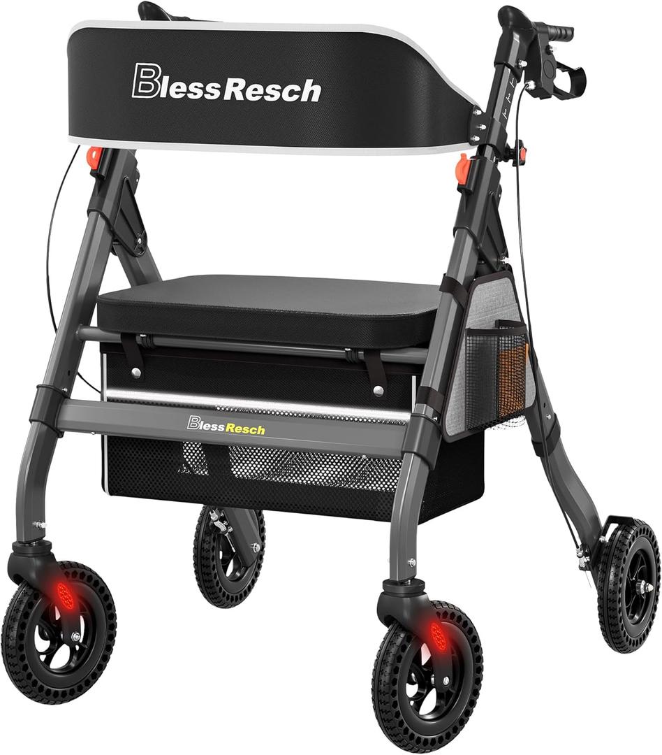 Foldable Rollator Walkers with Seat for Seniors, 450 lb Capacity, 8'' Wheels, 18" Big Seat, 6-Position Height, Heavy-Duty Aluminum Rolling Walker (Gray) (Grey)