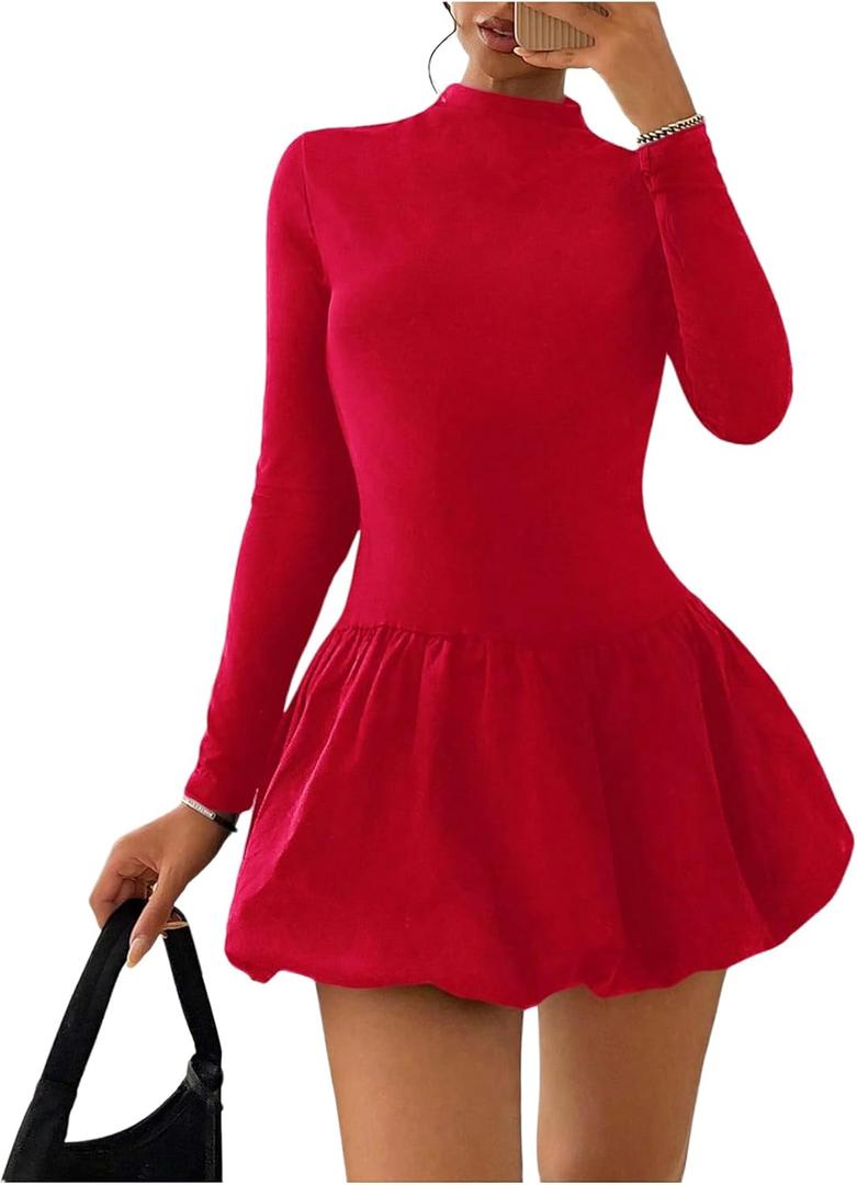 GORGLITTER Women's Long Sleeve Bubble Mini Dresses Elegant Classy Mock Neck Y2k Fall Cocktail Brunch Date Night Dresses (Red), Small