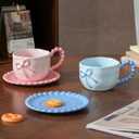 Disoza Bow Coffee Mug Pink Coquette Coffee Mugs Set with Saucer 12 OZ Porcelain Tea Cup Bow Cute Mug for Women Girl