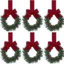 6Pcs Mini Christmas Wreath Decorations with Bow, Christmas Kitchen Cabinet Wreaths with Red Ribbon Farmhouse Decoration Artificial Hanging Garlands for Front Door Window Chair Wall