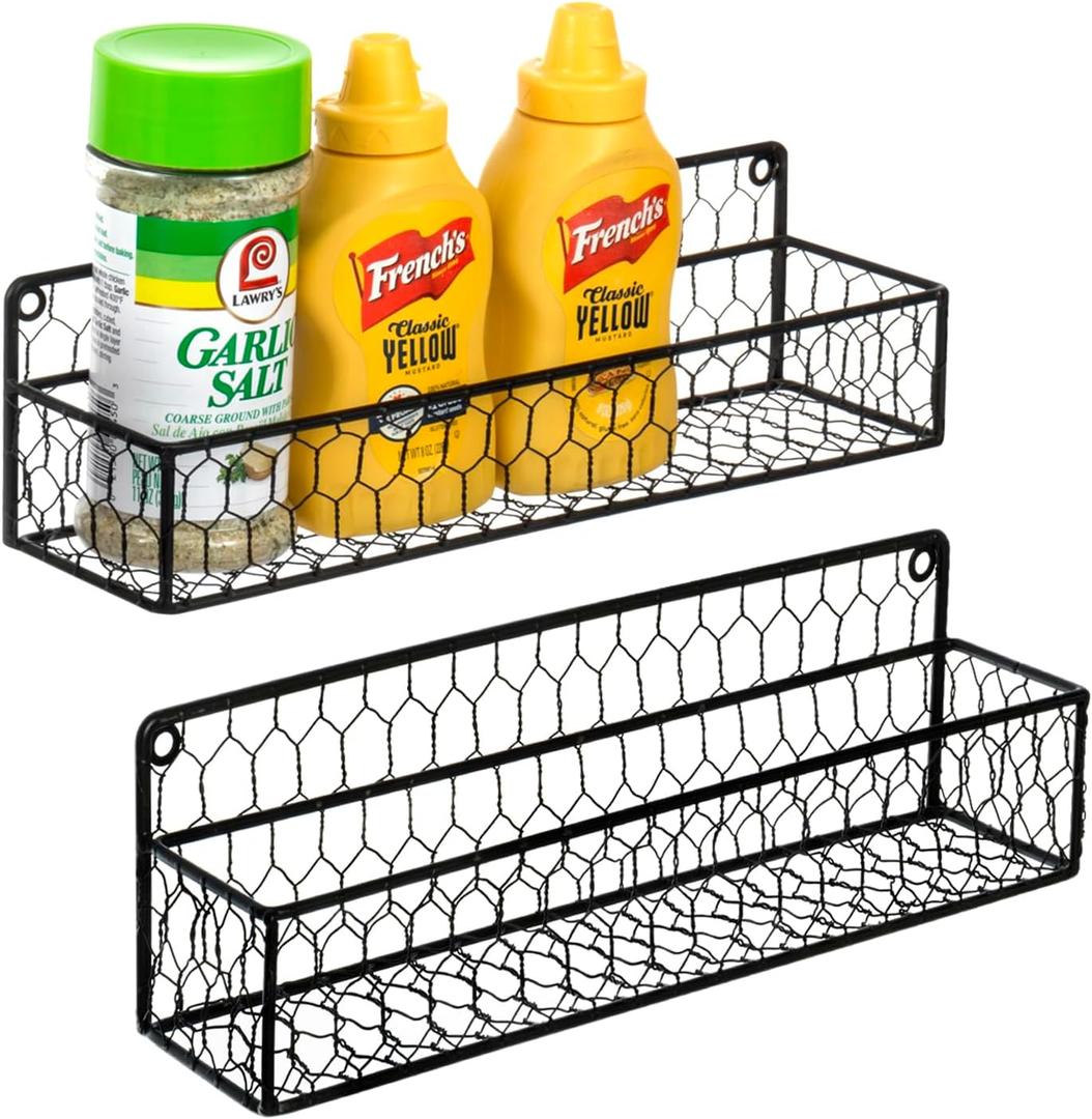 MyGift 2 Pcs Spice Rack Wall Mount, Small Seasoning Shelf Organizer, 12-Inch Over the Stove Hanging Kitchen Condiment Basket Storage Display, Black Wire (Set of 2)