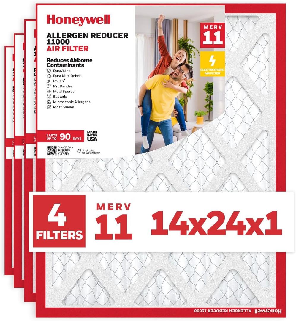Honeywell 14x24x1 MERV 11 Allergen Reducer 11000 Electrostatic Pleated HVAC AC Furnace Air Filter (4-Pack) | Replacement Filter for Home Use | Made in USA