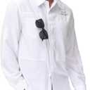 Men's UPF 50+ Sun Protection Fishing Shirts Long Sleeve Lightweight Hiking Travel Work Button Down Shirt Zipper Pocket (Large, White)