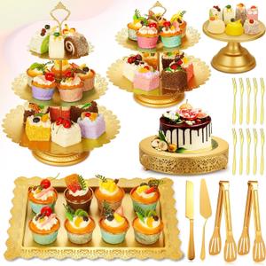 Cupcake Stand Set, Dessert Table Display Set Gold Metal Cake Stands with Tiered Tray Stands Cake Platter Cake Knife and Server Set for Party, Candy Table Display Set for Wedding Birthday Baby Shower