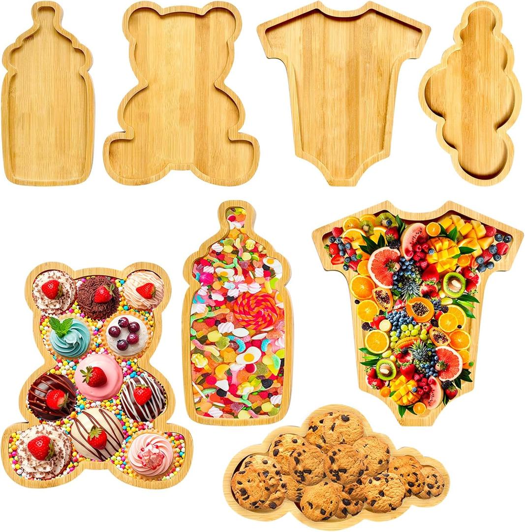 Charcuterie Board Platters 4 Pcs Baby Shower Food Trays Wooden Large Serving Tray Fillable Boxes for Food Snack Fruit Platters Wood Charcuterie Trays Birthday Gender Reveal Party Decoration