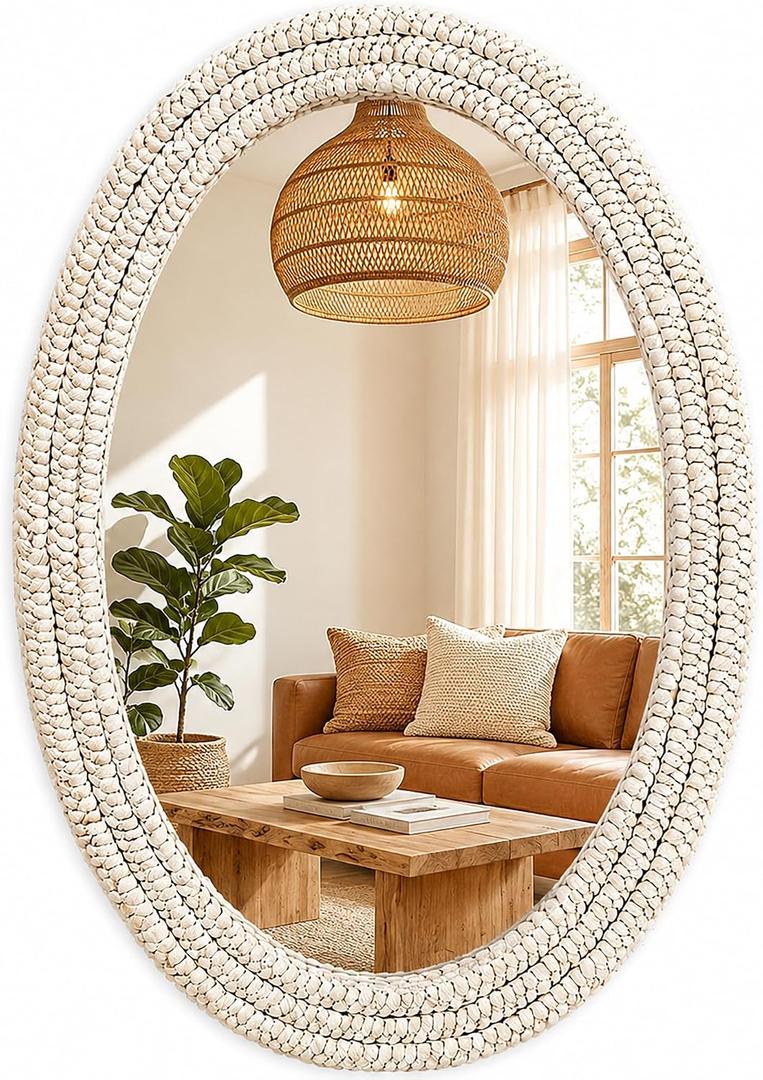 26"x39" Oval Wall Mirror, Handwoven Corn Husk, Whitewashed