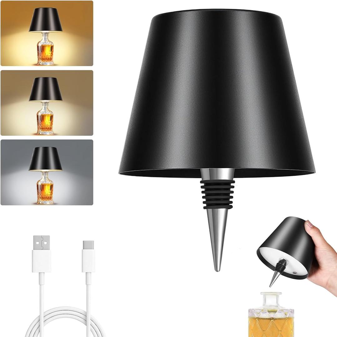 Rechargeable Wireless Bottle Lamp - 3 Color Stepless Dimmable, Metallic Black Lampshade, 5H Bright Light or 48H Soft Glow,Ideal for Home Décor, Parties, Bar