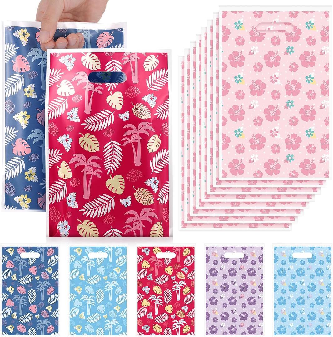 Czlotyh 120 PCS Hawaiian Plastic Party Gift Bags Tropical Multicolor Hibiscus Monstera Treat Candy Goodie Bag Party Favor with Die Cut Handle for Birthday Hawaii Summer Luau Themed Event Supplies