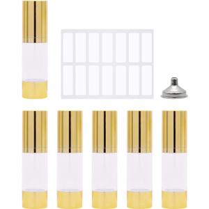6Pcs 1oz/30ml Clear Airless Pump Bottles with Funnel and labels Sticker Travel Size Dispenser Refillable Cosmetic Containers For Foundations, Cream, Serums, Shampoo (Gold)