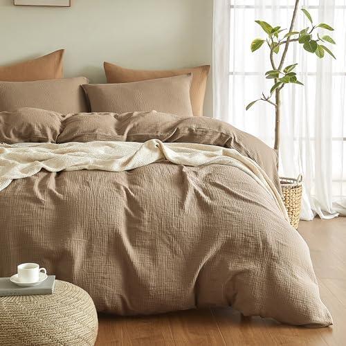 SE SOFTEXLY Muslin Duvet Cover King Size, 100% Washed Cotton Duvet Cover Set, Ultra Soft Comforter Cover Linen Like, 3 Pieces Minimalist Gauze Duvet Cover with 2 Pillowcases, 90"x104", Light Brown