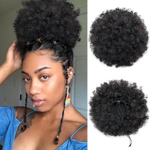 AISI QUEENS Short Afro Puff Drawstring Ponytail - Synthetic Short Afro Kinkys Curly Afro Bun Extension Hairpieces Updo Hair Extensions with Two Clips Natural Black Large Size(1B#)