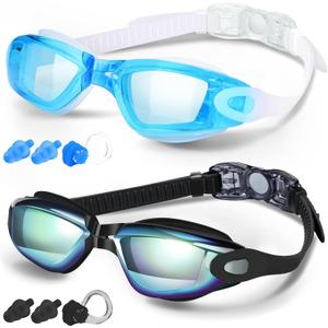 COOLOO Swim Goggles, 2 Pack Goggles Swimming Adult Swimming Goggles for Women Men Youth Teen Kids Anti Fog Anti-UV No Leaking (C.black Gold & Lake Blue)