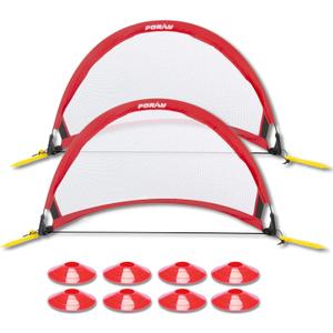 Poray Soccer Goal for Kid Easy-up Set of Two Portable Soccer Net 210D Oxford with 8 Field Marker Cones Extra Stakes Fun for Backyard and Soccer Training (Red)