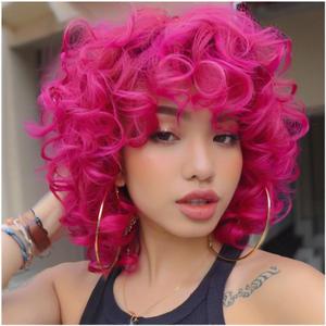 Hot Pink Curly Wig for Black Women Soft Short Curly Wig with Bangs for American Women WigsLarge Earrings+Makeup Sponge+Wig Cap (Hot Pink)
