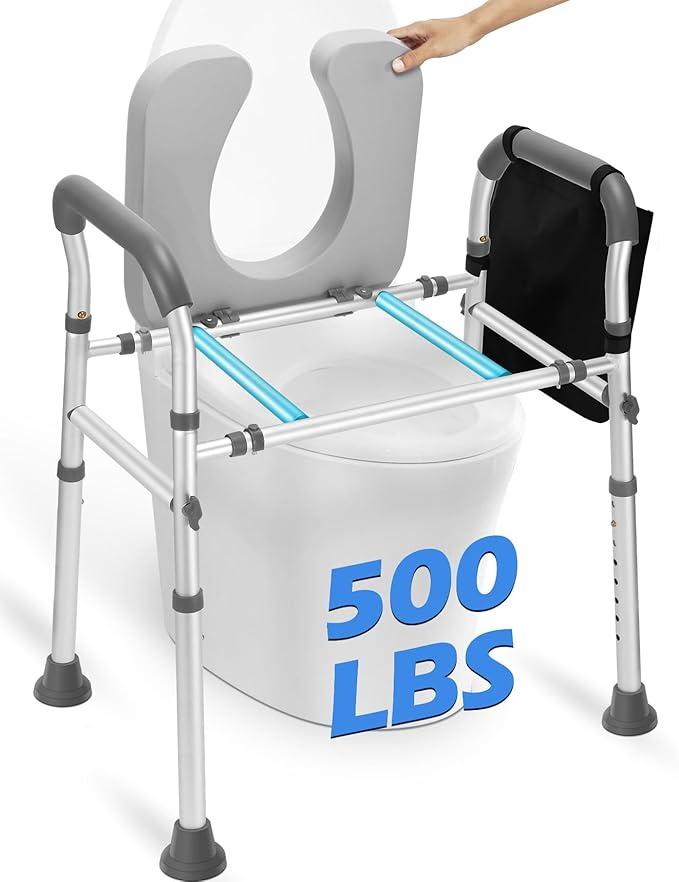 Raised Toilet Seat with Handles, Heavy Duty 500lb Toilet Seat Risers for Seniors, Extra Support Bars for Soft Padded Seat, Adjustable Width & Height Toilet Seat Riser for Disabled-Gray