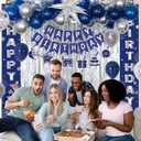 Blue Birthday Decorations for Men Women Boys, Happy Birthday Decorations Navy Blue and Silver, Happy Birthday Banner Balloons Tablecover Fringe Curtain Door Banner, Mens Boy Bday Party Supplies Decor