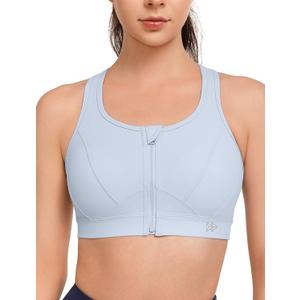 Yvette Zip Front Sports Bra - High Impact Sports Bras for Women Plus Size Workout Fitness Running (Light Blue) L Plus