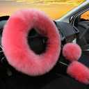 3Pcs Set Womens Winter Fashion Wool Fur Soft Furry Steering Wheel Covers Pink Fluffy Handbrake Cover Gear Shift Cover Fuzz Warm Non-slip Car Decoration Long Hair