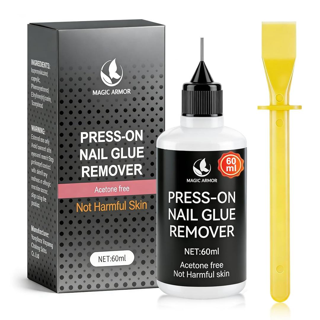 MAGIC ARMOR 60ml Nail Glue Remover for Press On, Acetone Free Nail Polish Remover with Tool, Solid Gel Glue Remover for Nail Tips (Not for Gel Polish)