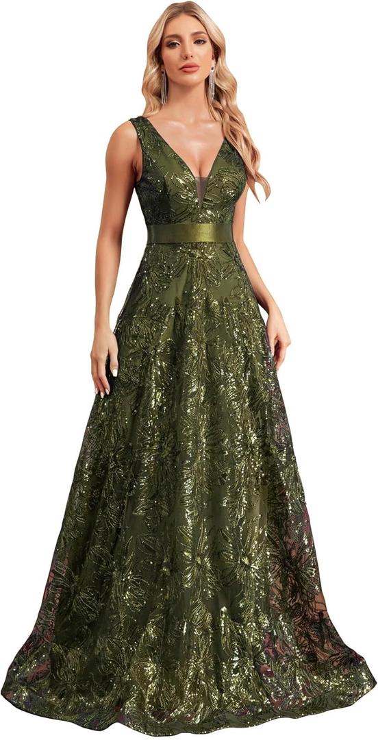 Sleeveless Glitter Sequined Womens Long Formal Gown Aline Prom Dress for Anchorwoman Floor Length Evening Dress (X-Large, Olive Green)