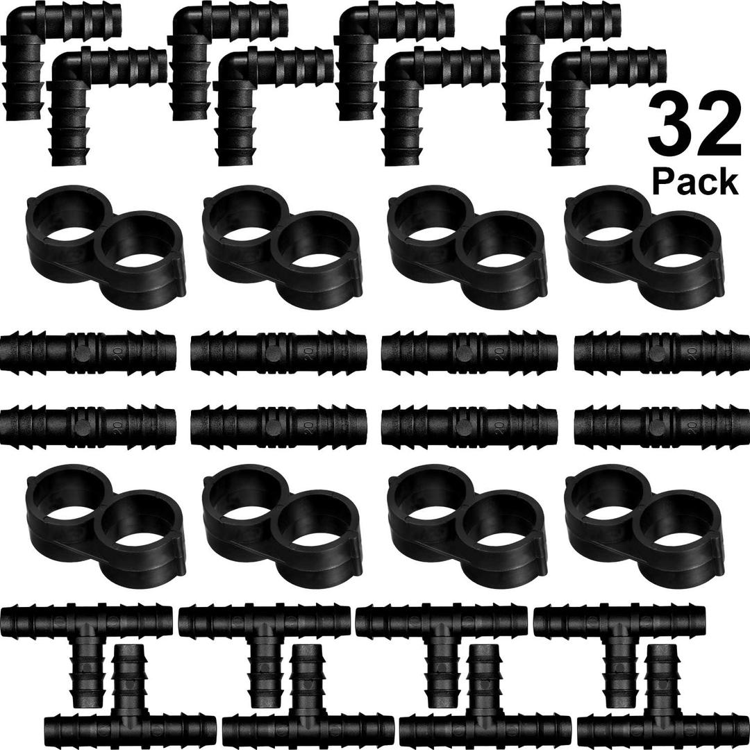 Maitys 32 Pcs Drip Irrigation Fittings Kit for Tubing 8 Tees 8 Elbows 8 Couplings and 8 End Cap Plugs, Irrigation Barbed Connectors for Drip Sprinkler Systems Flower Pot Garden Lawn(3/4 Inch)
