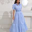 utcoco Womens Striped Button Down Shirt Dress Casual Puff Short Sleeve Ruffle Hem Maxi Dresses with Belt (XX-Large, Blue) 