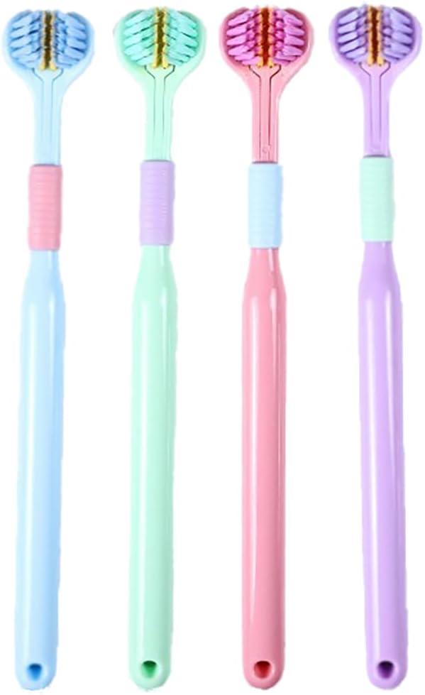4 Pcs 3-Sided Toothbrush, Soft Bristle Toothbrush for Comprehensive Care of Teeth and Gums, Oral Care for Adults and Youth (Blue, Green, Pink, Purple)