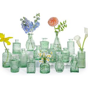 Glass Bud Vase Set, 16pcs Small Green Flower Vases for Table Centerpieces in Bulk, Mini Vintage Vase for Wedding, Home, Table Decoration