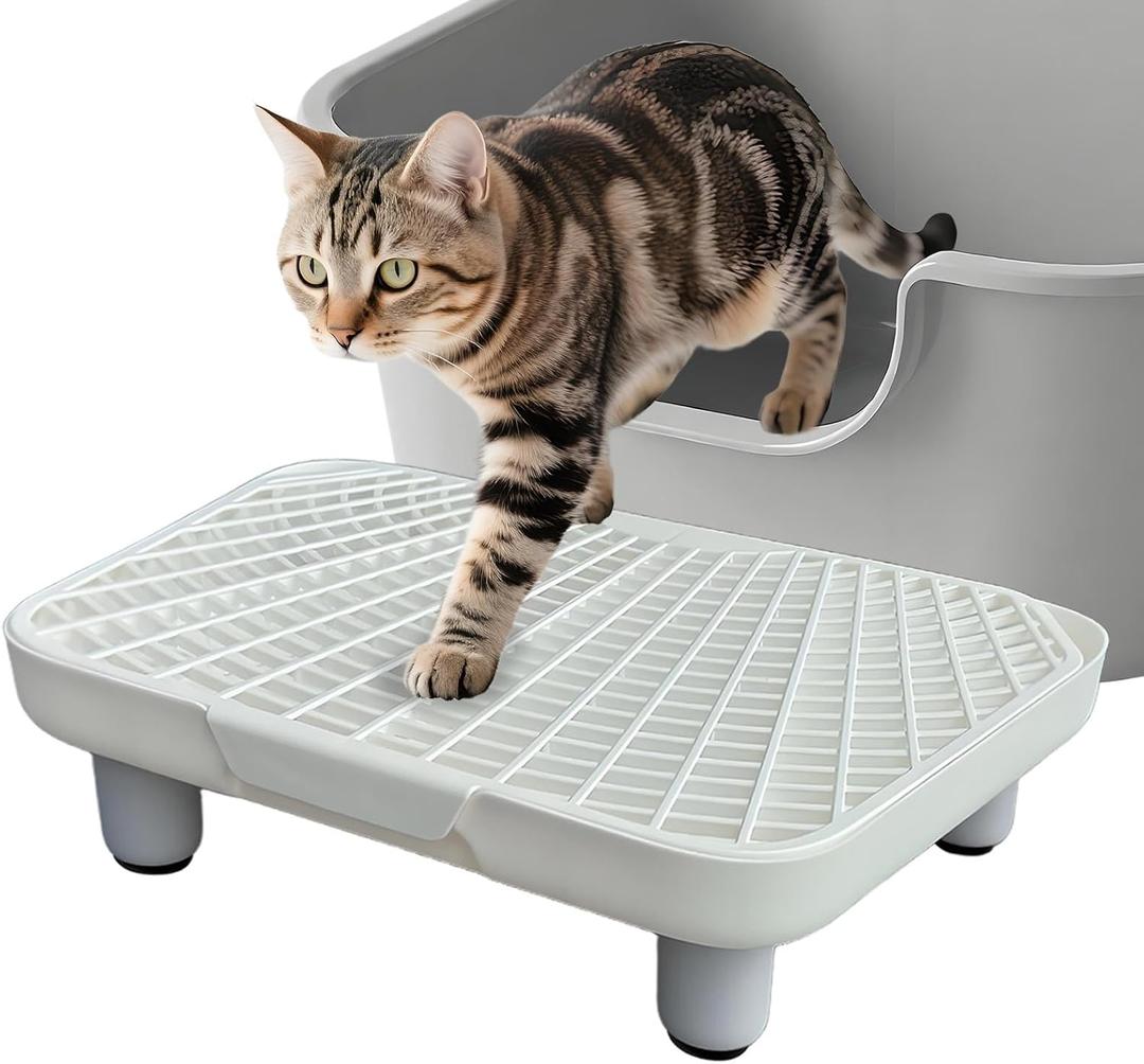 SpaceTime Elevated Cat Litter Trapping Mat with Double-Layer Design,Detachable Cat Ramp/Step/Catcher Litter Box Mat for Floor,Non-Slip Kitty Pads for Indoor Kittens & Senior Cats,Easy to Clean (White)