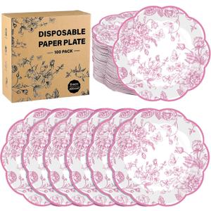 100 Pieces Pink Floral Paper Plates 9 Inches Disposable Pink and White Flower Scalloped Plates Vintage Floral Dinner Dessert Decorative Plate for Wedding Baby Shower Birthday Party Supplies