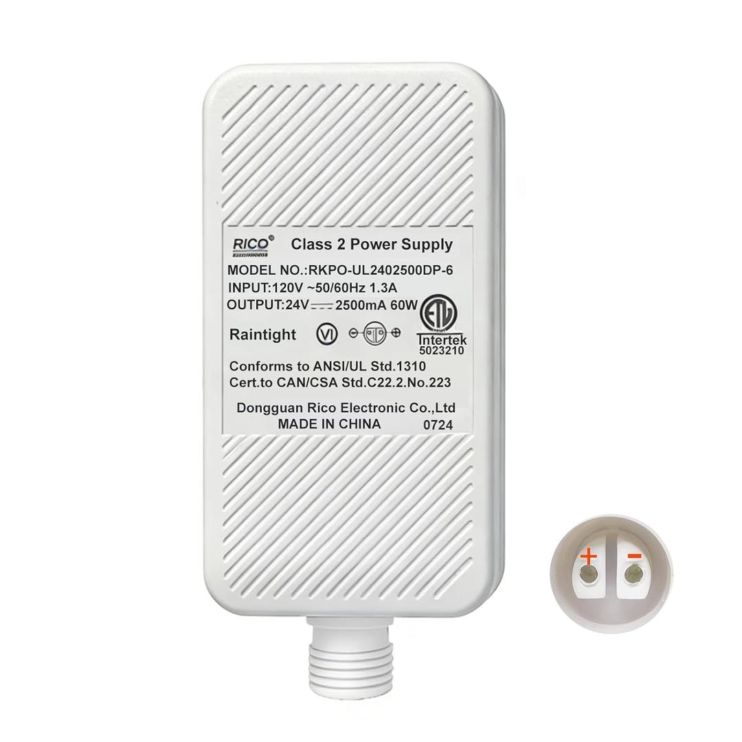Class 2 Power Supply for Permanent Outdoor Lights, 24V 2.5A 60W Outdoor Power Adapter, LED Transformer Replacement and Suitable for Permanent Outdoor Lighting Within 100ft