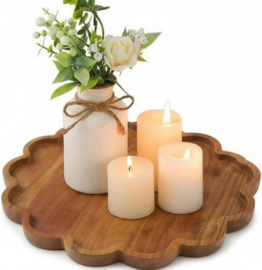 BreezeHug Brown Decorative Serving Tray Wood 12.6 Inch Scalloped Serving Tray Round Wooden Display Plate with Scalloped Borders for Coffee Table Living Room Bedroom Entryway Decoration