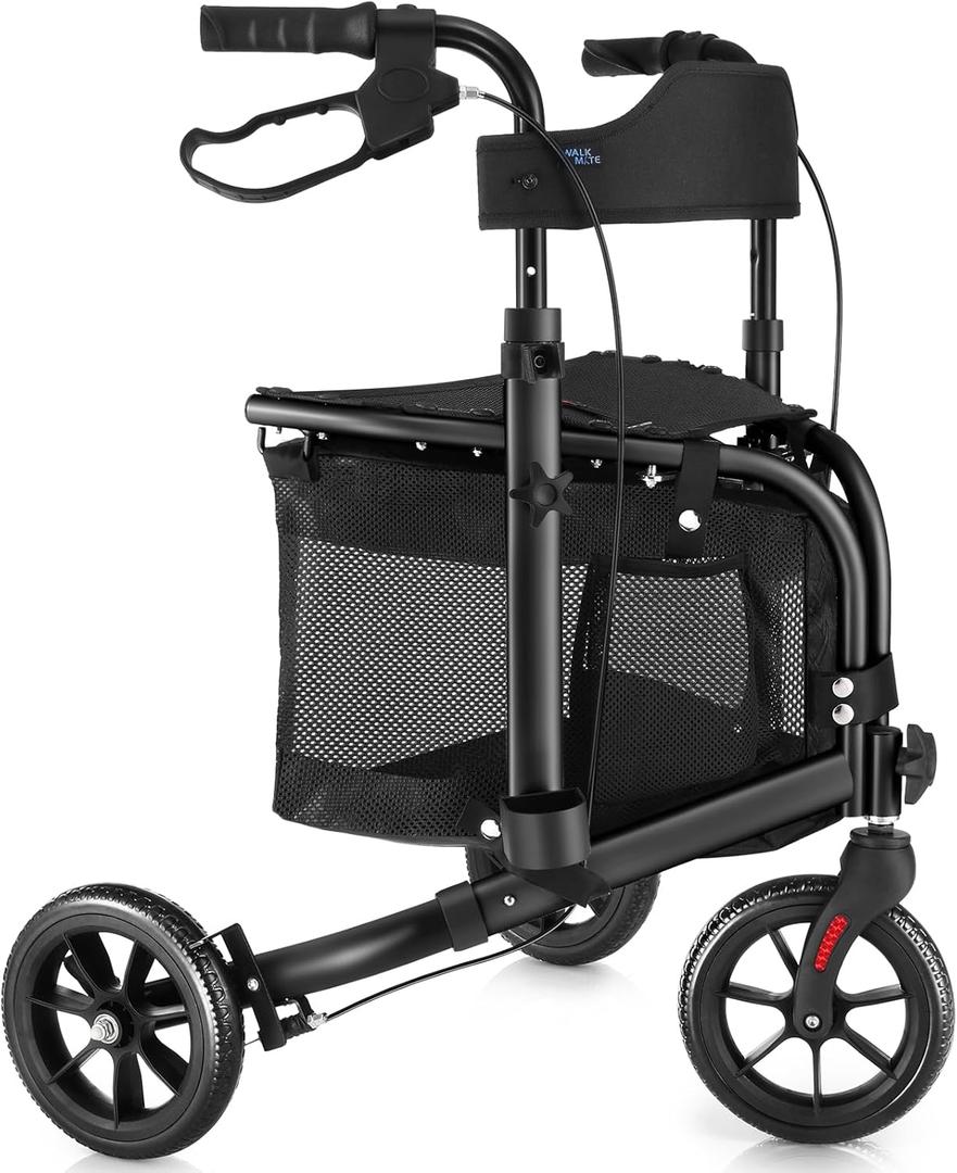 WALK MATE 3 Wheel Rollator Walker with Seat for Slim Seniors, Padded Backrest Lightweight Foldable Walker Ideal for Elderly, 8 Inch Tri-Wheel Modern Mobility Walking Aid Aluminum, Black
