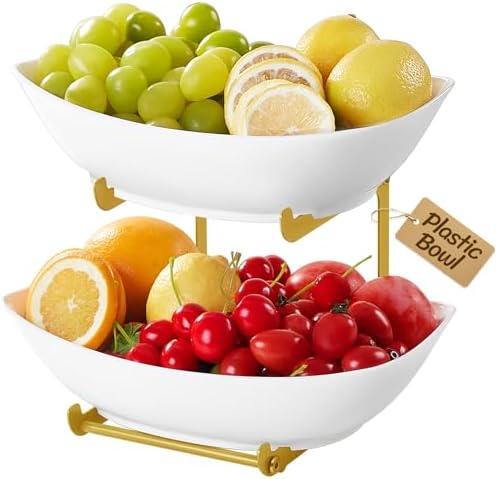 Lifewit Plastic Fruit Bowl for Kitchen Counter, 2 Tier Fruit Basket with Gold Metal Stand, Tiered Fruit Holder for Countertop Serving Tray for Vegetable/Dessert in Party 28 x 21 x 23cm/11 x 8.4 x 9