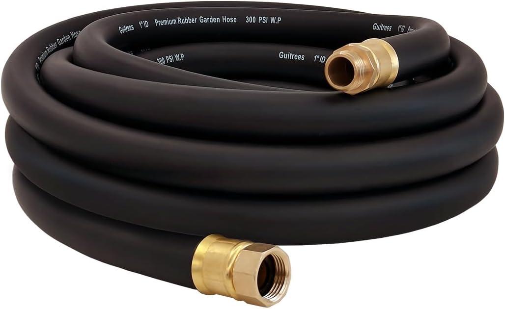 Guitrees 25FT 1 inch Heavy Duty Rubber Garden Hose - 200psi Working, 1000psi Burst - Hot/Cold Water - Five-Layered Braiding for Durability - Versatile for Gardening, Agriculture, Construction(Black)