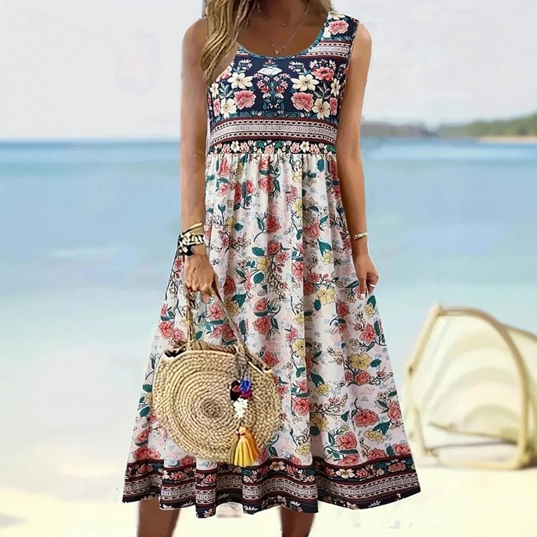 Women's Summer Resort-Style Floral Print Round Neck Sleeveless Dress